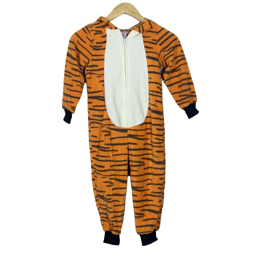 Kids Tiger Stripe Fleece Hooded Union Suit Orange Costume Animal Size 4-6 Years